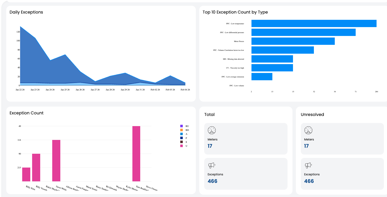 NDL (Assistant) supervisor dashboard showing daily exceptions, top exception types, and analyst exception counts